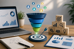 3D illustration of a clean digital marketing campaign structure with conversion funnel, audience targeting, analytics dashboards, and performance optimization elements.